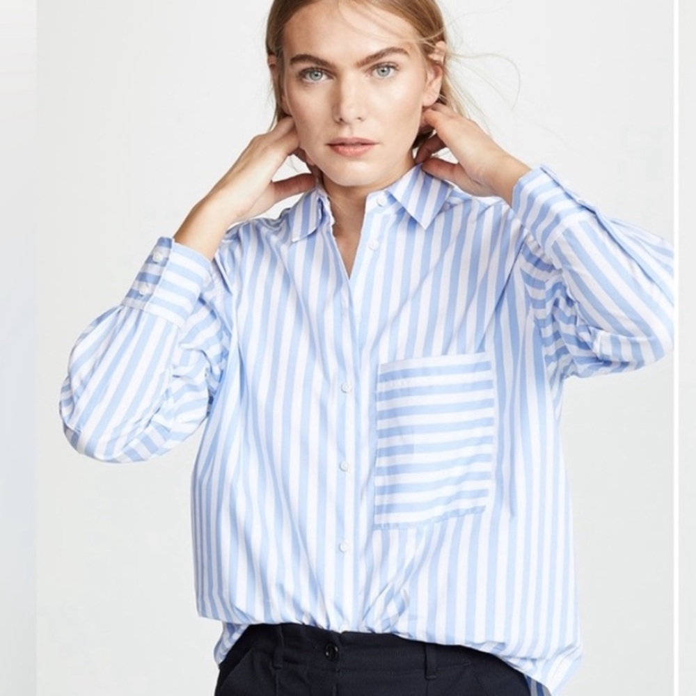 AYR Icy Light Blue White Striped Oversized Boxy Button Up Top Blouse Plus 2X
